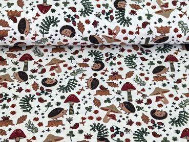 Preview: Reststück Baumwolljersey Igel im Herbstwald Pilze Weiß 75 x 150 cm